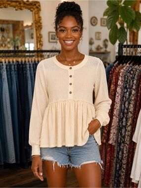 Blue Pepper Waffle Knit Babydoll Top